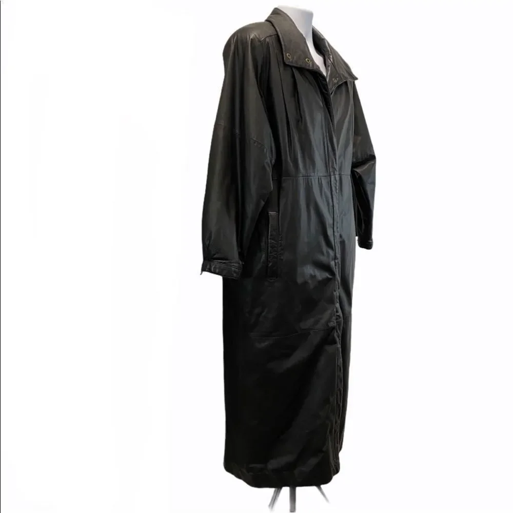 Eddie Bauer 100% Genuine Leather Winter Trench Coat Full Length Black HEAVY DUTY